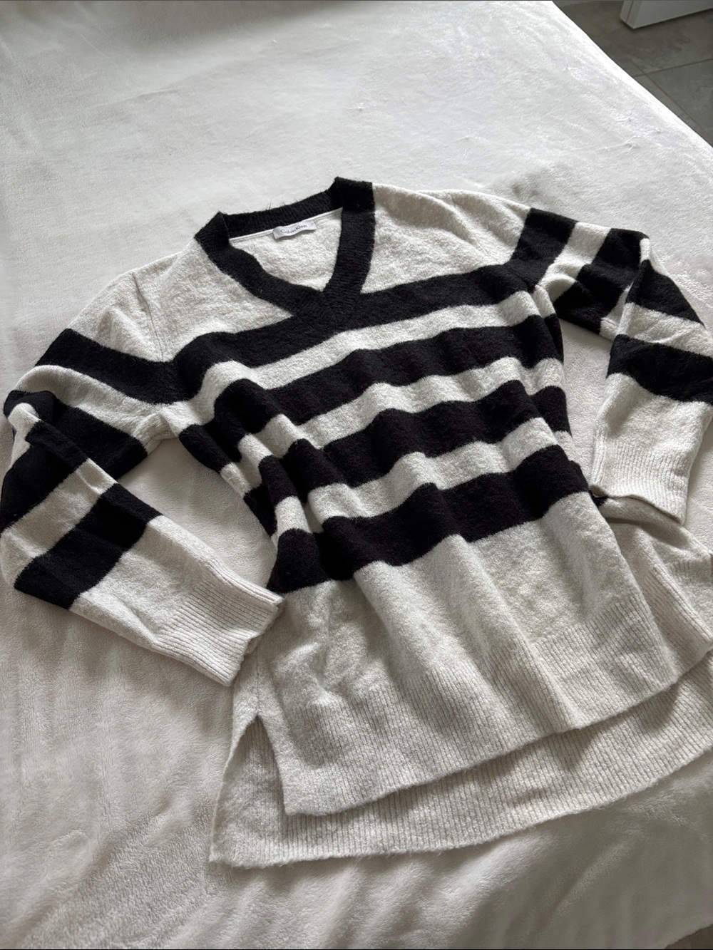 Calvin Klein Black & White Striped V-Neck Sweater